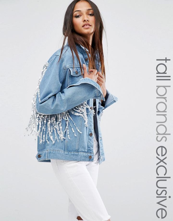 Liquor & Poker Tall Denim Jacket With Sequin Trim Back Detail - Blue