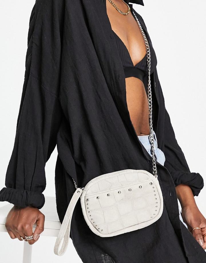 Urbancode Suede Croc Studded Detail Crossbody Bag In Cream-gray