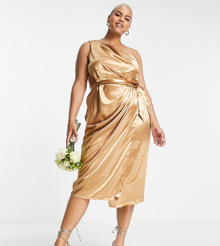 Little Mistress Plus Bridesmaid One Shoulder Wrap Dress In Golden Caramel
