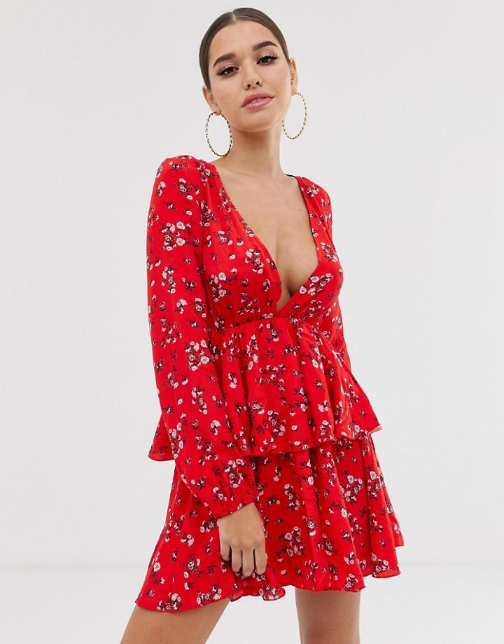 Club L Long Sleeve Ruffle Dress In Floral Print-red