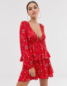 Club L Long Sleeve Ruffle Dress In Floral Print-red