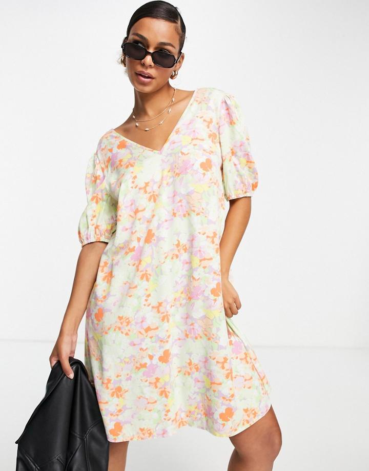 Pieces Puff Sleeve Mini Smock Dress In Cream Floral-multi