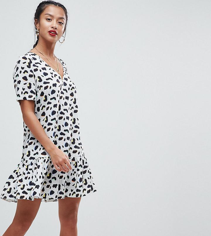 Asos Design Petite Drop Waist Mini Dress In Animal Print - Multi
