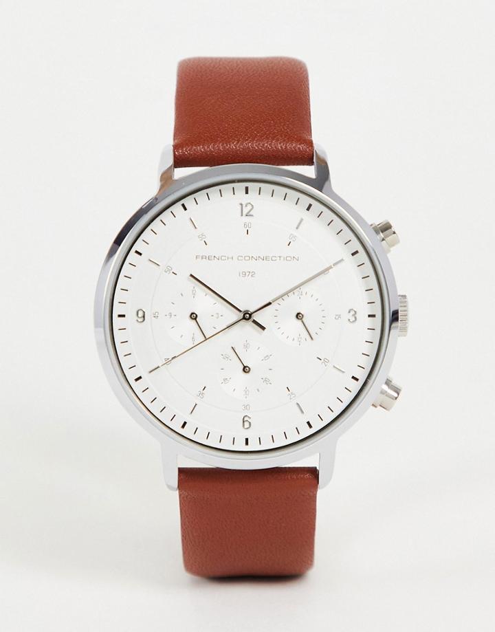 French Connection Classic Watch With Leather Strap In Tan-brown
