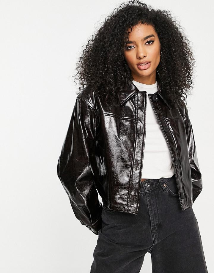 Asos Design Cracked Faux Leather Throw-on Jacket In Brown