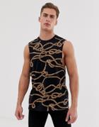Asos Design Relaxed Sleeveless T-shirt With All Over Rope Print - Black