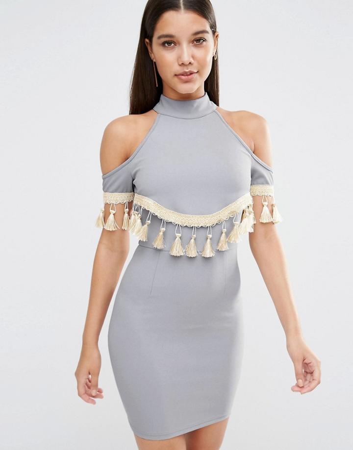 Naanaa Cold Shoulder Bodycon Dress With Tassel Trim - Blue Gray