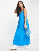 Asos Design Gathered Neck Strappy Midi Sundress With Pockets In Bright Blue-blues