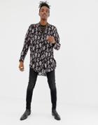 Asos Design Oversized Drop Shoulder Longline Paisley Shirt - Black