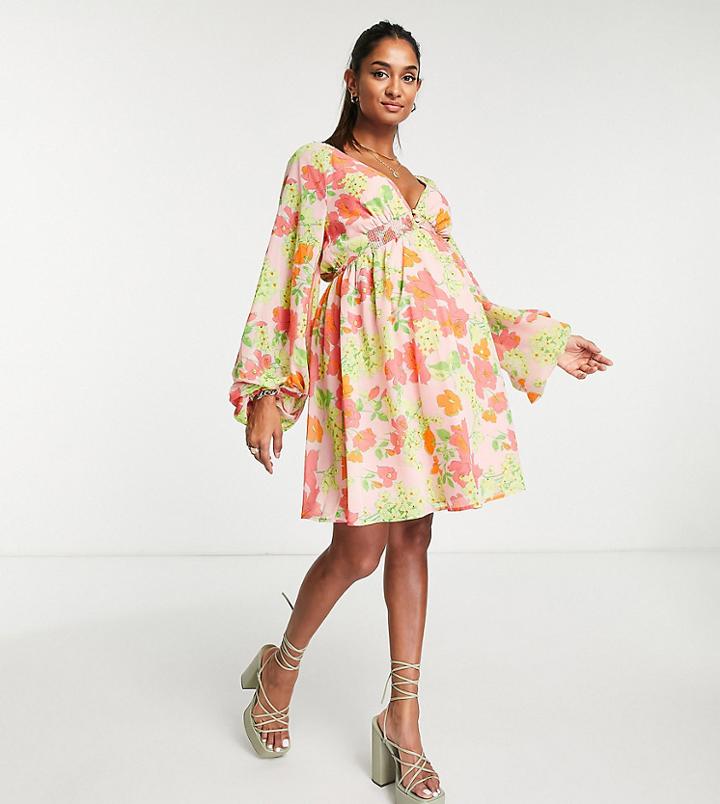 Asos Design Maternity Soft Shirred Waist Open Back Mini Dress In Peach Floral-multi