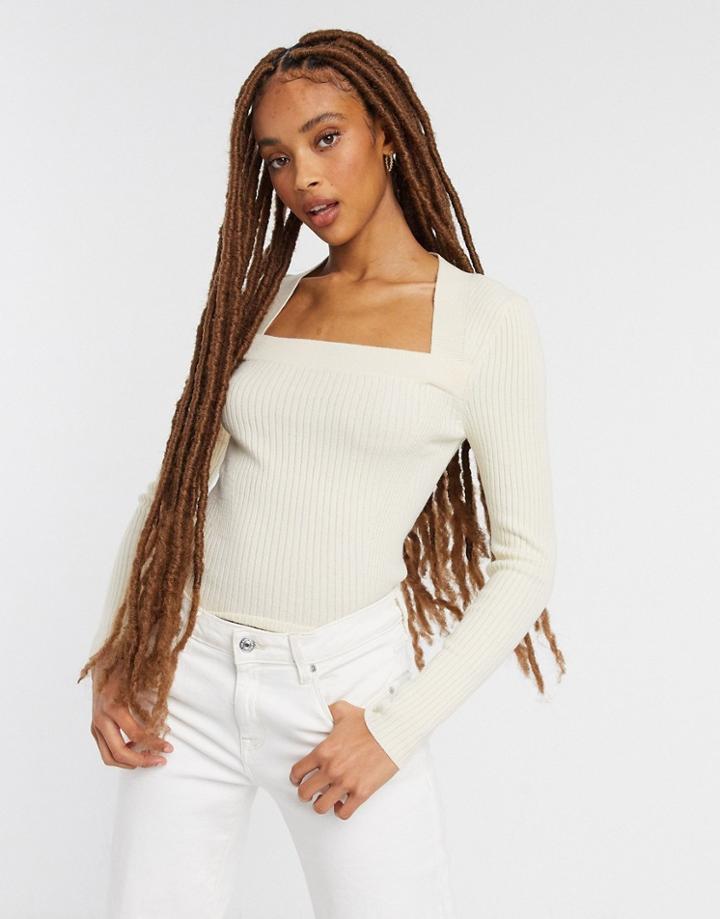 Asos Design Ribbed Sweater With Open Square Neck In Cream-white