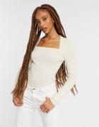 Asos Design Ribbed Sweater With Open Square Neck In Cream-white