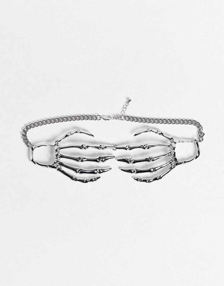 Asos Design Halloween Choker Necklace With Skeleton Hands-silver