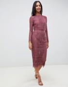 Asos Design Lace Long Sleeve Midi Pencil Dress-purple
