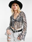 Asos Design Top With Lace Up Detail & Piping In Zebra Print-multi