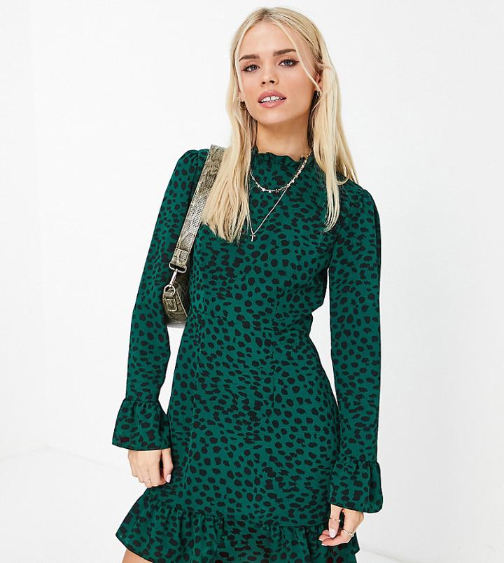 Asos Design Petite Frill Neck Mini Dress With Fluted Three Quarter Sleeves In Green Animal Print-multi