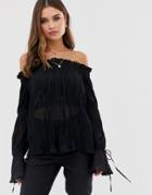 Asos Design Sheer Off Shoulder Pleated Top With Tie Sleeves-black