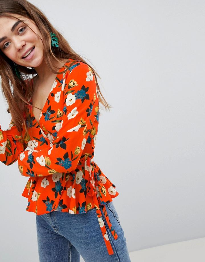 Asos Design Wrap Top With Pephem In Floral - Multi