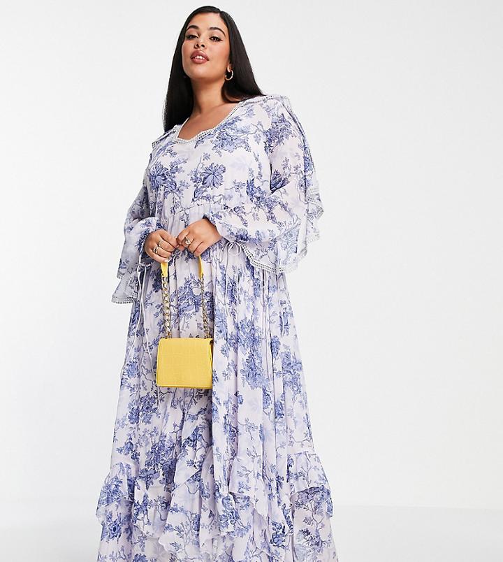 Asos Design Curve Drape Ruffle Maxi Dress With Lace Insert And Tassle Detail In Blue Floral Print-multi