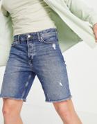 River Island Slim Denim Cut Off Shorts In Mid Blue-blues