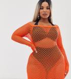 Asos Design Curve Neon Orange Jersey Fishnet Beach Cover Up With Thumb Holes