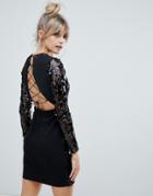 Boohoo Long Sleeve Sequin Bodycon Mini Dress With Lace Up Back Detail In Black - Black
