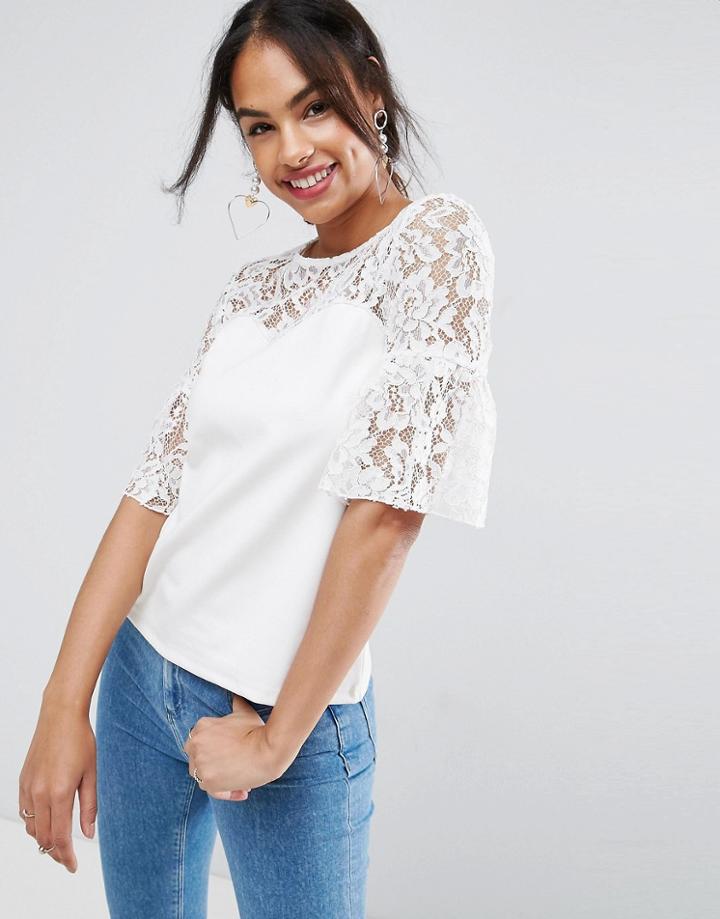 Asos Occasion Top In Ponte With Pretty Lace Sleeves - White