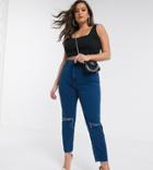 Asos Design Curve Farleigh High Rise Slim Mom Jeans With Rips In Bright Blue Wash With Raw Hem-blues