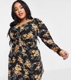 Asos Design Curve Long Sleeve Mini Dress With Ruching Detail In Black And Gold Floral Print