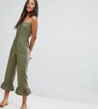 Asos Design Tall Cotton Frill Hem Jumpsuit With Square Neck And Button Detail - Gray