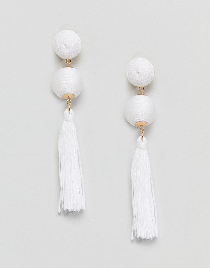 Asos Design Wrapped Bead & Tassel Earrings - White