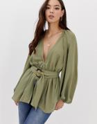 Asos Design Plunge Top With Kimono Sleeve And Belt - Green