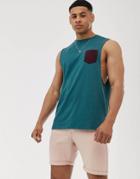 Asos Design Relaxed Sleeveless T-shirt With Dropped Armhole And Contrast Pocket In Green - Green