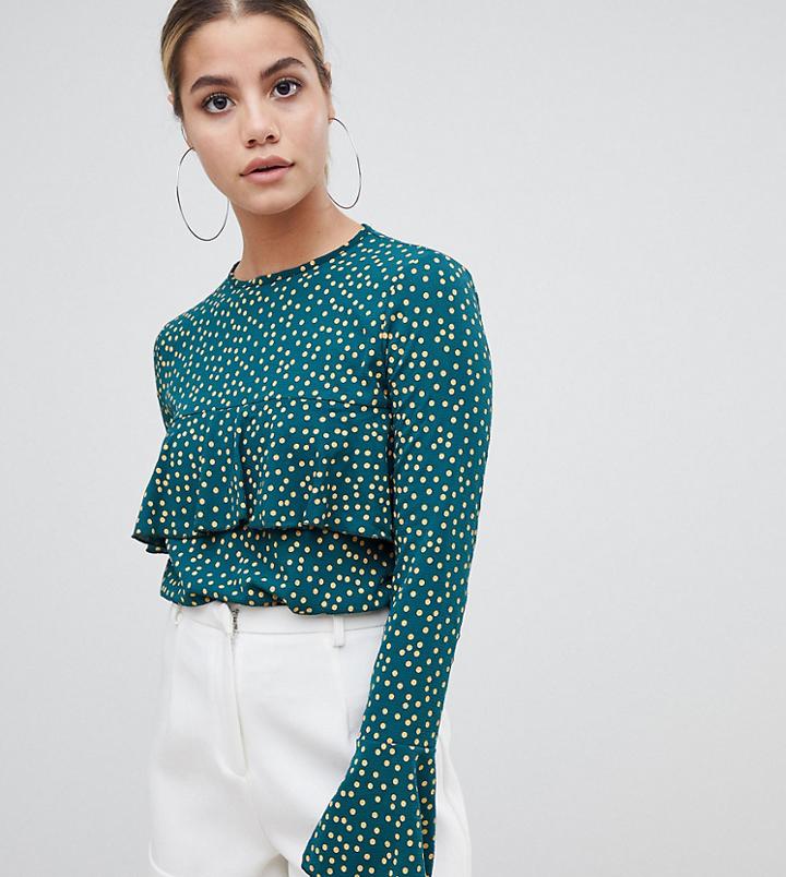 Boohoo Frill Front Blouse In Green Polka Dot - Multi