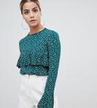 Boohoo Frill Front Blouse In Green Polka Dot - Multi