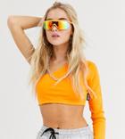 Crooked Tongues One Sleeve Tight Crop Top In Neon-orange