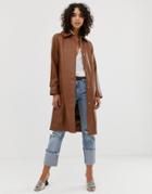 Asos Design Leather Look Trench Coat - Brown