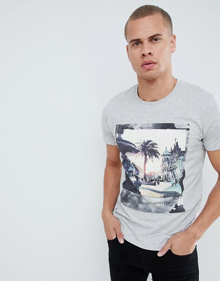 Esprit T-shirt With Palm Tree Photo Print - Gray
