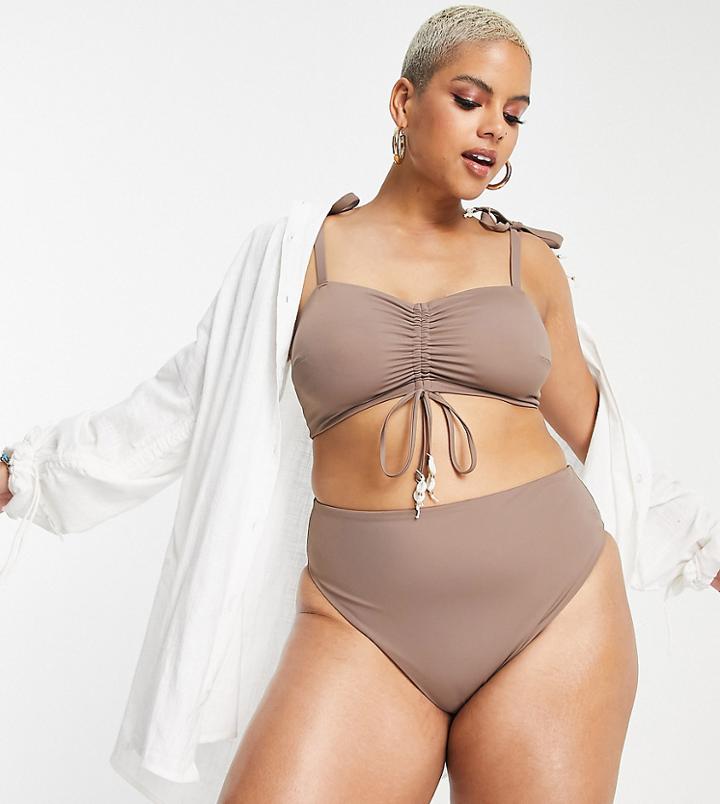 Asos Design Curve Ruched Tie Bikini Top With Shell Detail In Brown