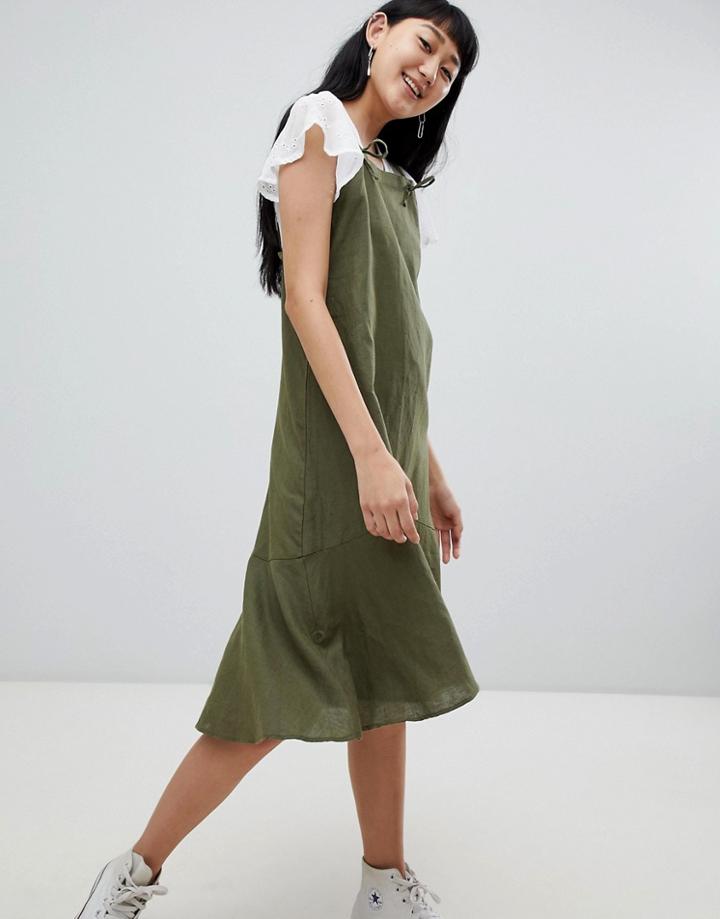 Pull & Bear Cami Linen Dress In Khaki - Green