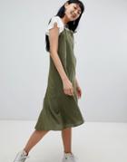 Pull & Bear Cami Linen Dress In Khaki - Green