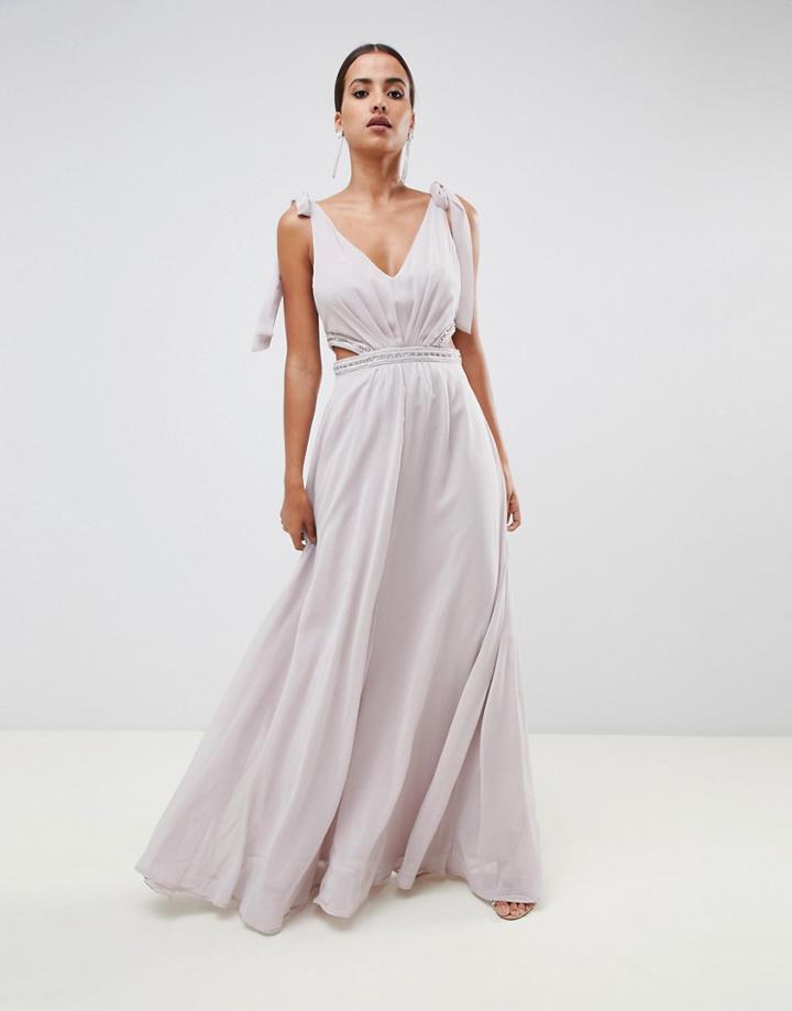 Asos Design Tie Shoulder Cut Out Side With Embellished Trim Maxi Dress-beige