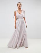 Asos Design Tie Shoulder Cut Out Side With Embellished Trim Maxi Dress-beige