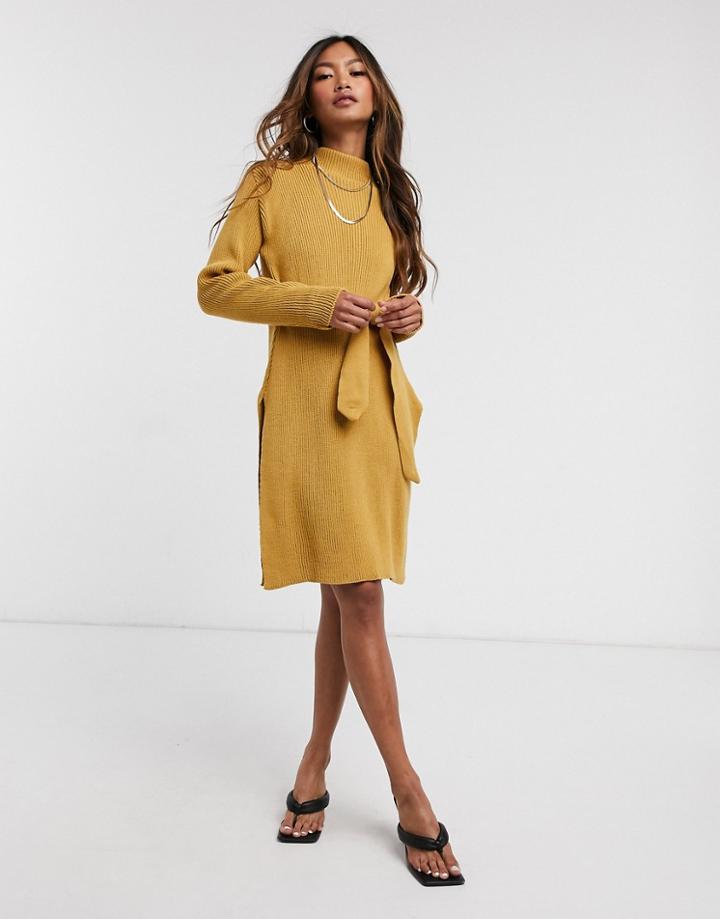 Unique21 Rollneck Mini Sweater Dress In Camel-neutral