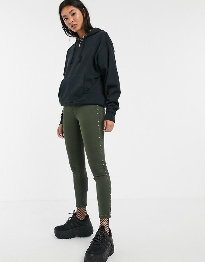 Bershka Skinny Pants With Studs In Khaki-green