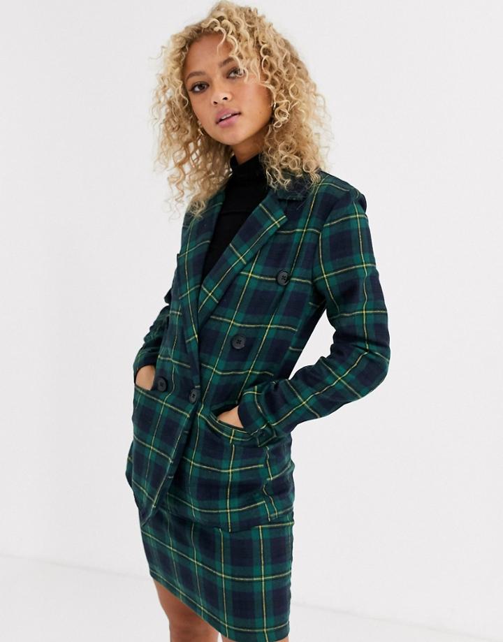Parisian Tailored Longline Double Breasted Blazer In Green Check