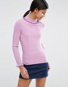 Asos Sweater In Rib With Ruffle Neck - Purple