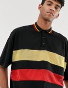 Asos Design Oversized Longline Polo Shirt With Mesh Panels And Tipping In Black - Black