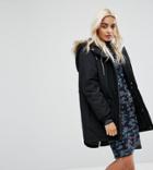 Noisy May Petite Parka With Faux Fur Trim Hood - Black