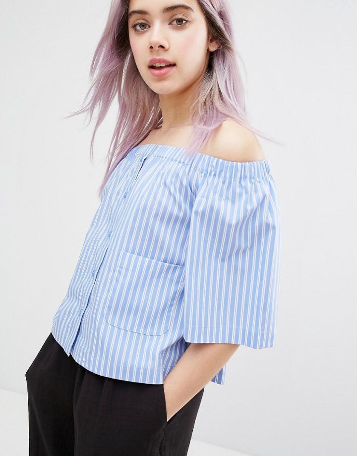 Monki 3/4 Sleeve Striped Bardot Top - Blue